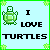 Pixel art turtle icon with green shell and limbs on light blue background, text "I LOVE TURTLES" in bold black letters.