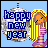 Pixelated static image featuring a disco ball with "Happy new year" text and a cartoon woman in a striped dress against a light blue background.