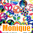 Four distinct buddy icon designs arranged in a , each featuring the name 'Monique' in different colors and styles over varied backgrounds