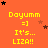 Orange background with yellow text reading 'Dayumm =] It's... LIZA!!' repeated in a , surrounded by black and brown stars