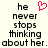 Pixelated text reads 'he never stops thinking about her.' with a pink heart symbol replacing the word 'her' in one version.