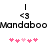 Pixelated text 'Mandaboo' with two black vertical lines above, two '<3' symbols, and pink heart clusters below on white background.