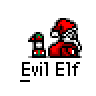 A 5x5 contact sheet of pixel art frames showing an animated 'Evil Elf' character in various poses and animation states, with visible text beneath each frame.