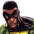 Pixelated character with dark hair and mask in yellow-green outfit against white background, next to green with bright green text