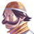 Pixelated static icon of a character with brown hair, dark side-swept bangs, and a thick mustache wearing a striped scarf or collar in warm tones.