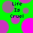 Green background with overlapping pink and purple circles, text "Life Is Cruel" in dark blue pixelated font repeated four times.