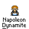 A 4x3 contact sheet of pixel art frames showing a character from Napoleon Dynamite with varying expressions and speech bubbles, including "MAYBE," "I WILL," and "GOSH!" above the character's head in different frames.