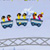 Three cartoon-style roller coaster cars with passengers, each car containing two figures, on a light blue background.
