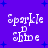 Pixelated text 'Sparkle D Shine' on a purple background with blue star shapes, displayed in four identical positions
