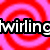 A pixelated animation with red and pink concentric circles on a gray background, displaying partial text fragments.