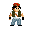 Pixel art character in green vest and red cap performs sequential actions with black object against gray background.