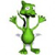 Green pixelated character with large head, single eye, and multiple limbs raised in a waving pose against white background.