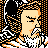 Pixelated static icon featuring a stylized character with light skin, orange hair, and black clothing against an orange-and-black checkered background.