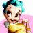 Pixelated cartoon character with blue hair and yellow dress on pink background next to green text logo reading Original Icons .com