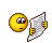 Yellow circular character with brown eyes and mouth, holding white paper-like objects in various poses