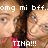 Pixelated image of two people with text overlays reading "omg mi bff." and "TINA!!!" in white block letters.