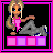 Animated pixel art contact sheet showing a cartoon character in various poses with changing text below, all within pink-bordered frames on black backgrounds.