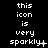 A black background displays white pixelated text reading "this icon is very sparkly" with varying punctuation across three of repeated text