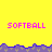 Yellow background with purple and blue pixelated borders, multiple pink 'SOFTBALL' text instances in blocky font.