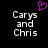 Pixelated text 'Carys and Chris' appears twice on a black background with a purple heart symbol above the left instance.