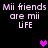 Pixelated text reads "Mii friends are mii LíFE" with two heart symbols on a black background, displayed in a