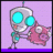 Pixelated icon of a silver robot with large cyan eyes holding a pink, round object against a light purple background.