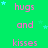 Green background with pink text reading 'hugs and kisses hugs and kisses hugs and kisses' arranged in a pattern, scattered light blue stars