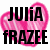 Pixelated pink heart-shaped background with bold black text reading 'JULIA' above 'FRAZEE', rendered in a blocky, low-resolution style.