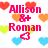 Pixelated heart-themed icon with pink text reading "Allison & Roman" and "ILY so much babe" over red, orange, green, and blue hearts.