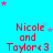 A static image with a bright cyan background featuring repeated red text "Nicole and Taylor<3" and scattered pink and light blue stars.