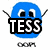 Blue rounded character with antennae, displaying two states: one with a black mask covering mouth area showing 'TESS' text and another with open smiling mouth.