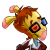 Pixelated character with brown hair, yellow face, blue eye patch, pink cheeks, and red shoes on white background.
