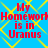 Blue background with yellow diamond lattice pattern and red pixelated text reading 'My Homework is in Uranus' repeated four times.