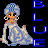 Pixelated animated contact sheet showing three frames of a cartoon woman in blue and white attire with a turban, next to vertical text that changes from blue to white across the frames.