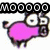 Pixelated pink pig with large white eyes and black pupils, small ears, four legs, a tail, and a snout; text above or beside it changes across frames.