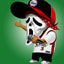 Pixelated cartoon character with skeletal face wearing red and black hat, white shirt, dark pants, holding brown stick-like object against green gradient background.