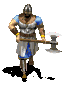 A warrior in blue and silver armor holding a large hammer, shown across with slight pose variations against a gray background