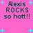 Pixelated text 'Alexis ROCKS so hott!!' on bright pink background with cyan starbursts, two identical static frames shown side-by-side.