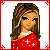 Pixel art contact sheet showing five frames of an animated buddy icon featuring a cartoon woman in red holiday attire with visible body parts and text elements.