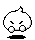 Pixelated white character with angry expression, black shadow base, and small floating text above head