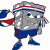 Pixelated cartoon character with gray body, red and blue headband, blue shorts, and red accents holding a striped object.