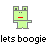 Animated contact sheet showing three frames of a green pixel-art frog character with red mouth, gray outline, and varying arm positions above black text reading "lets boogie" on white background.