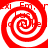 Four red and white spiral patterns arranged in a , each with partial text fragments visible along the spirals