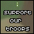 Four pixelated display 'SUPPORT OUR TROOPS' text with varying color schemes and punctuation, each featuring a colon above the phrase on a camouflage background