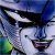 Pixelated image of a stylized character with dark hair, white face, and open mouth showing teeth, set against a blue and green background.
