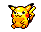 Pixelated yellow cartoon creature with red cheek circles, black eyes, and pointed ears; static pose
