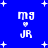Blue background with white pixelated text 'mj', heart symbol, and 'JR' repeated in four quadrants surrounded by small plus signs.