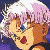 Pixelated image of a character with light brown hair, blue eyes, and a red mouth, set against a dark blue background with white and pink accents.