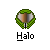 Pixelated green circular icon with a central vertical gradient bar and the text "Halo" below it on a gray background.