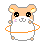 Pixelated hamster character with orange ears and white body holds an orange hula hoop, displaying multiple facial expressions including open eyes, closed eyes, and blushing cheeks.